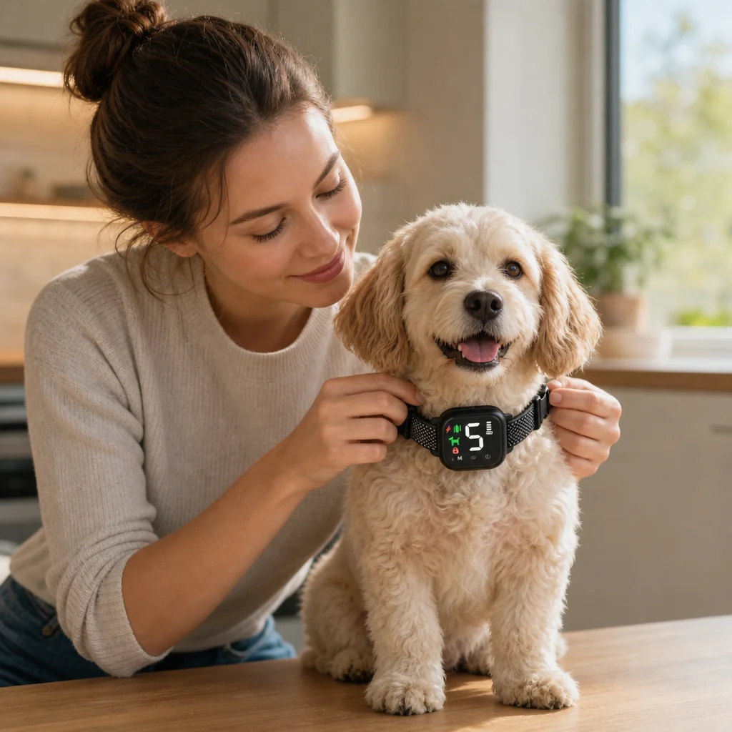 First-time owner fitting collar on a small dog
