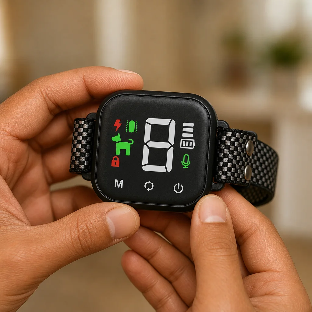 Hands holding collar with LED interface