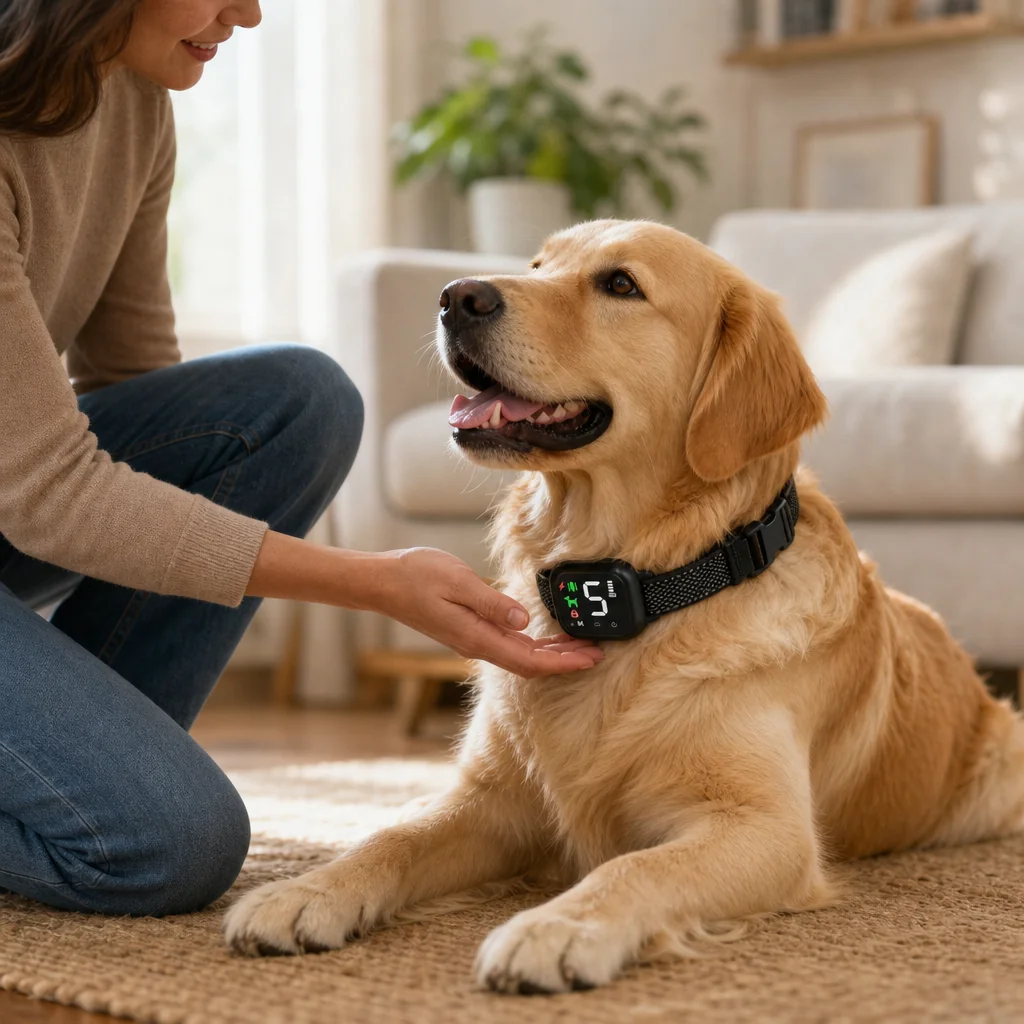 Owner calmly praising a relaxed dog