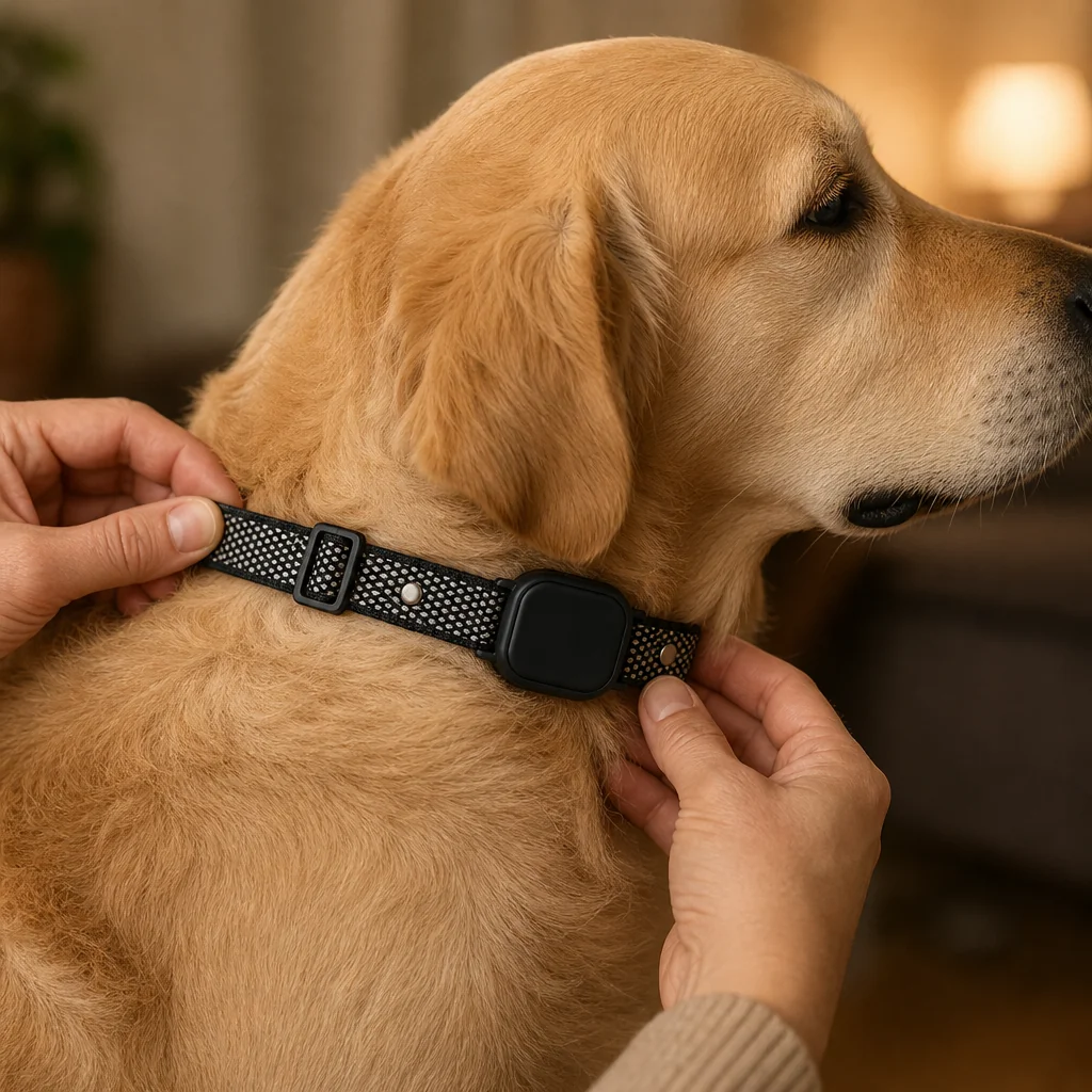 Hands adjusting collar fit on a large dog