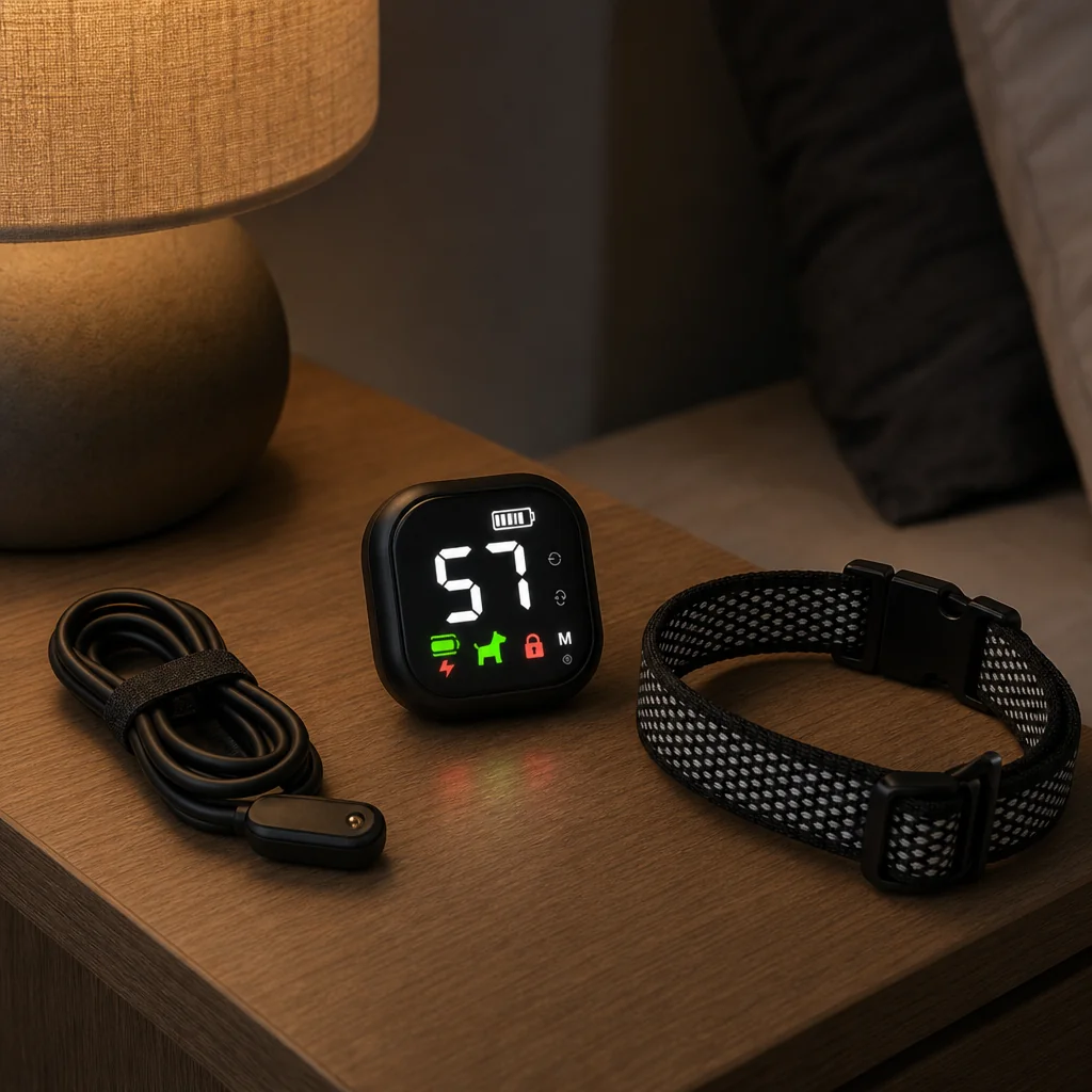 Collar on nightstand with amber battery glow