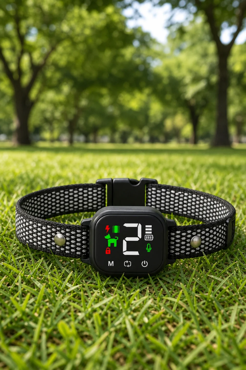 Walkyppaw anti-bark collar on grass in a park