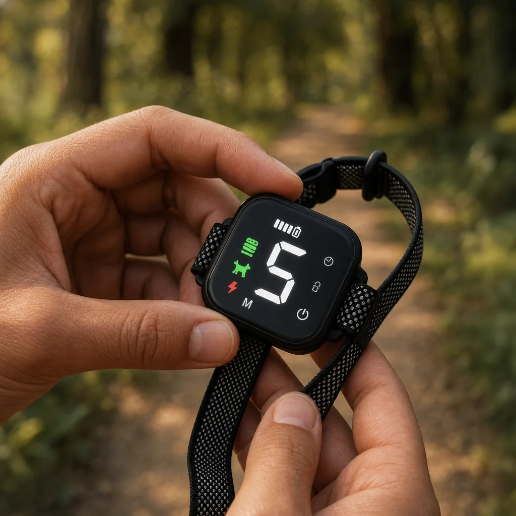Owner checking collar LED outdoors