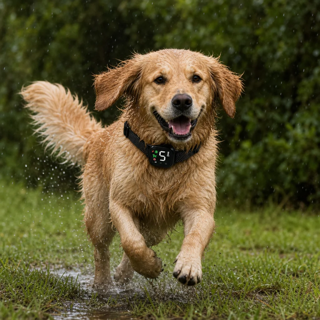 Dog running outdoors with waterproof collar