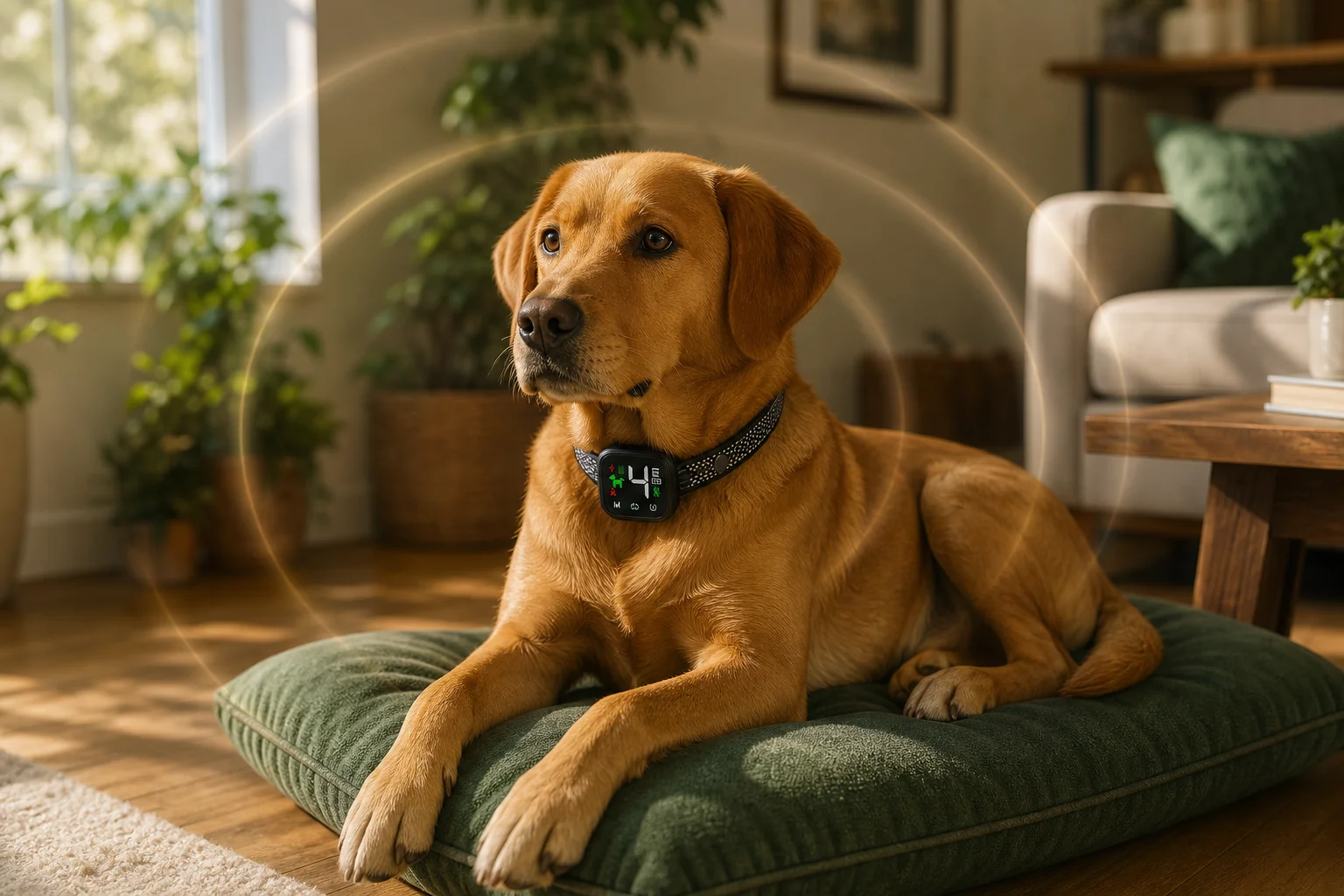 Calm dog at home with smart collar