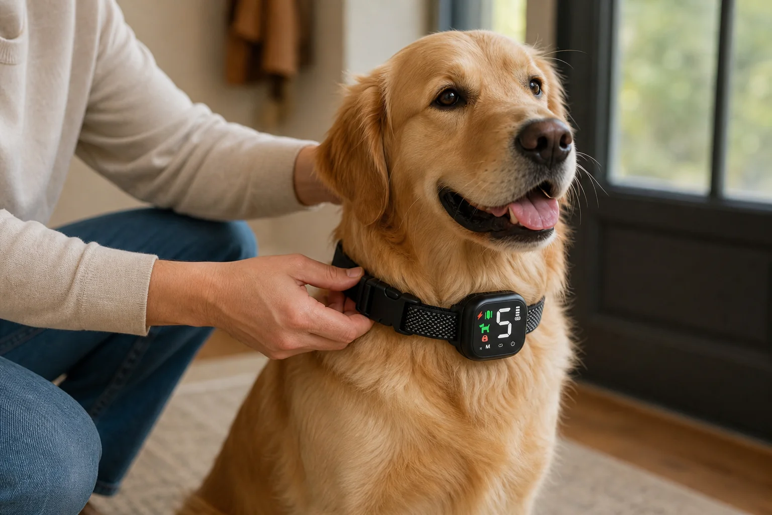 Owner fastening collar before a walk