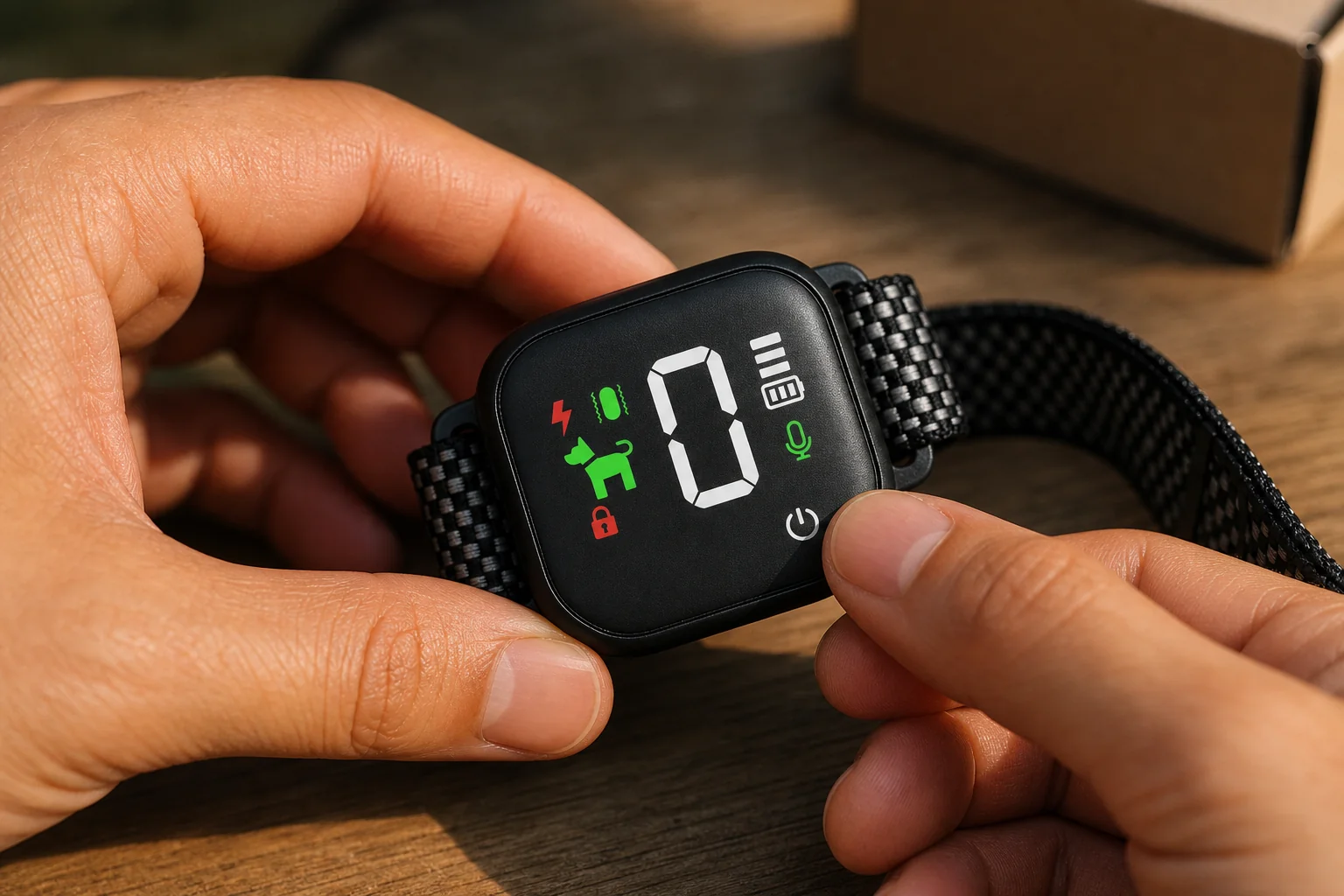 Fingers pressing power button on collar