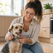 First-time owner fitting collar on a small dog