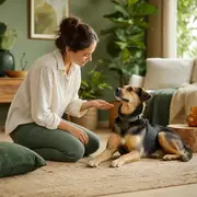 Owner calmly praising a relaxed dog