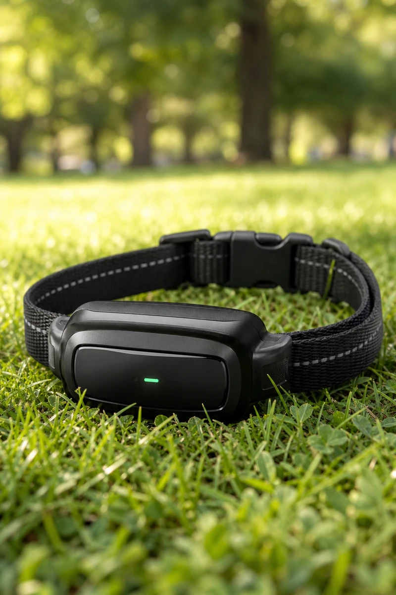 Walkypaw anti-bark collar on grass in a park