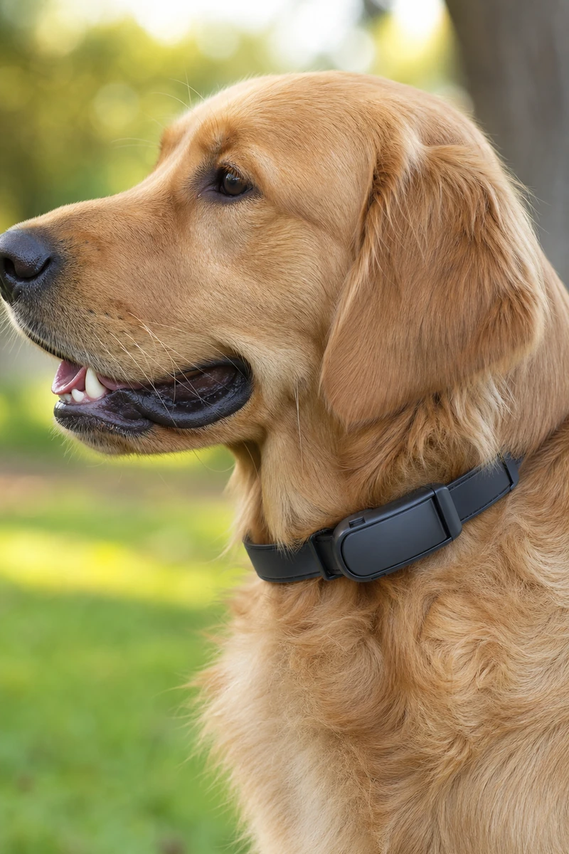 Walkypaw collar fitted on a golden retriever outdoors