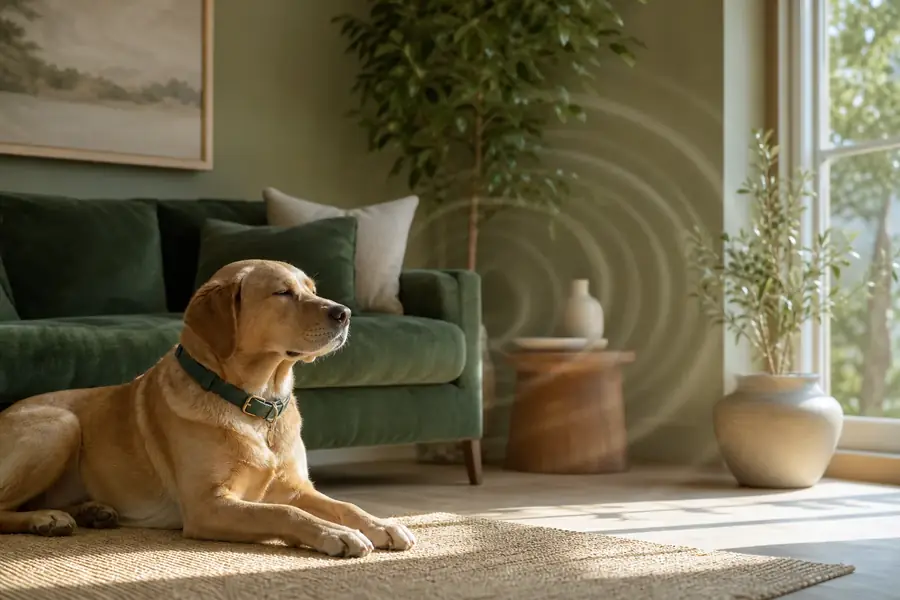 Calm dog at home with smart collar