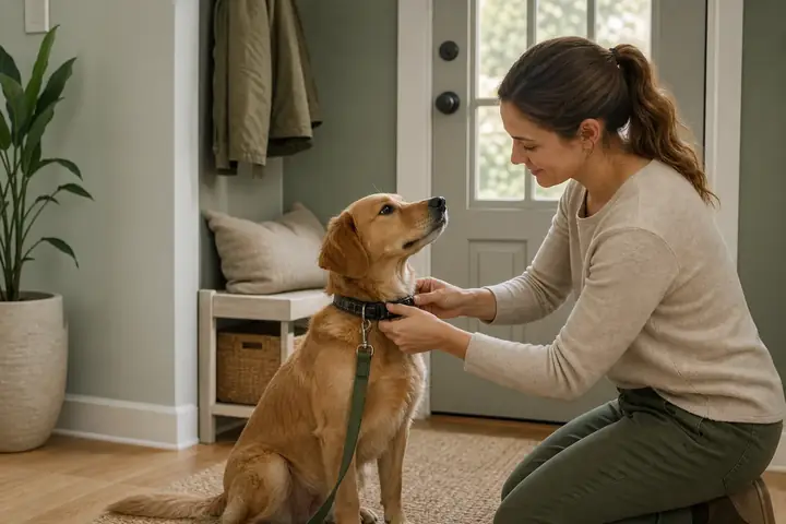 Owner fastening collar before a walk