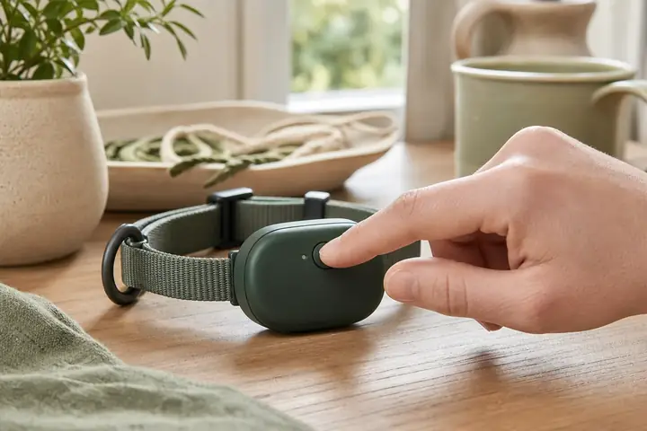 Fingers pressing power button on collar
